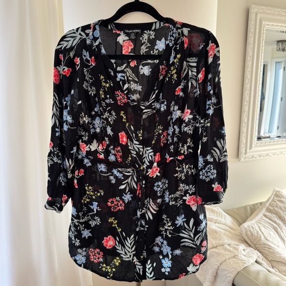 Hilary Radley Floral Drawstring Waist Tunic Top Flowy flowers black -L pleating - Picture 2 of 8